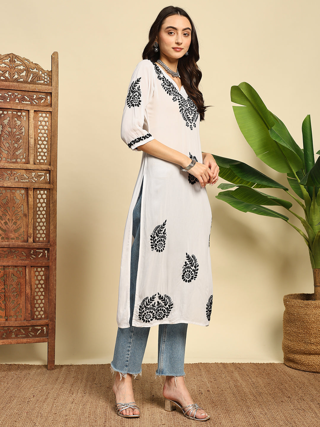 Women White & Black Handmade Chikankari Long Kurta