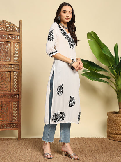 Women White & Black Handmade Chikankari Long Kurta