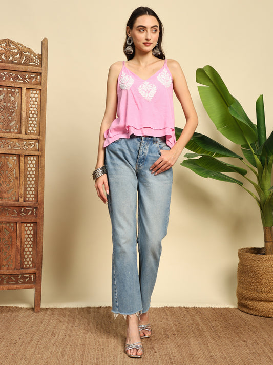 Women Pink Handmade Chikankari Sleeveless Top