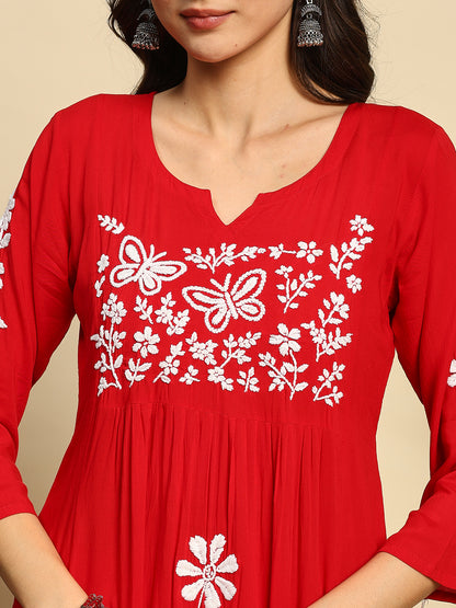 Women Red Handmade Chikankari Kurta Set with White Floral Embroidery