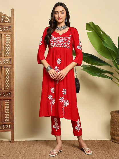 Women Red Handmade Chikankari Kurta Set with White Floral Embroidery