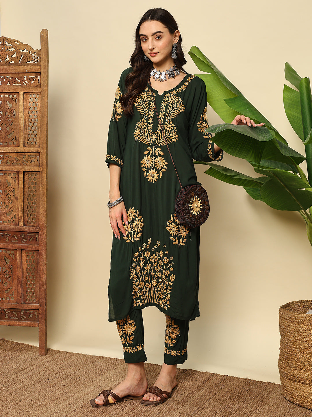 Women Bottle Green Handmade Chikankari Kurta Set with Golden Embroidery
