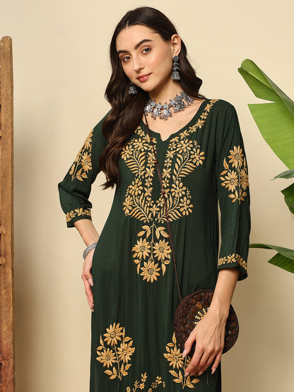 Women Bottle Green Handmade Chikankari Kurta Set with Golden Embroidery