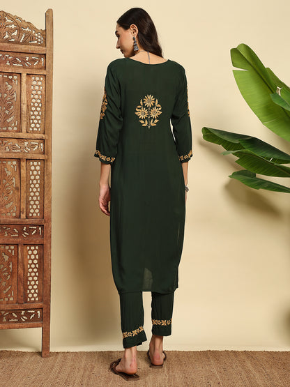 Women Bottle Green Handmade Chikankari Kurta Set with Golden Embroidery