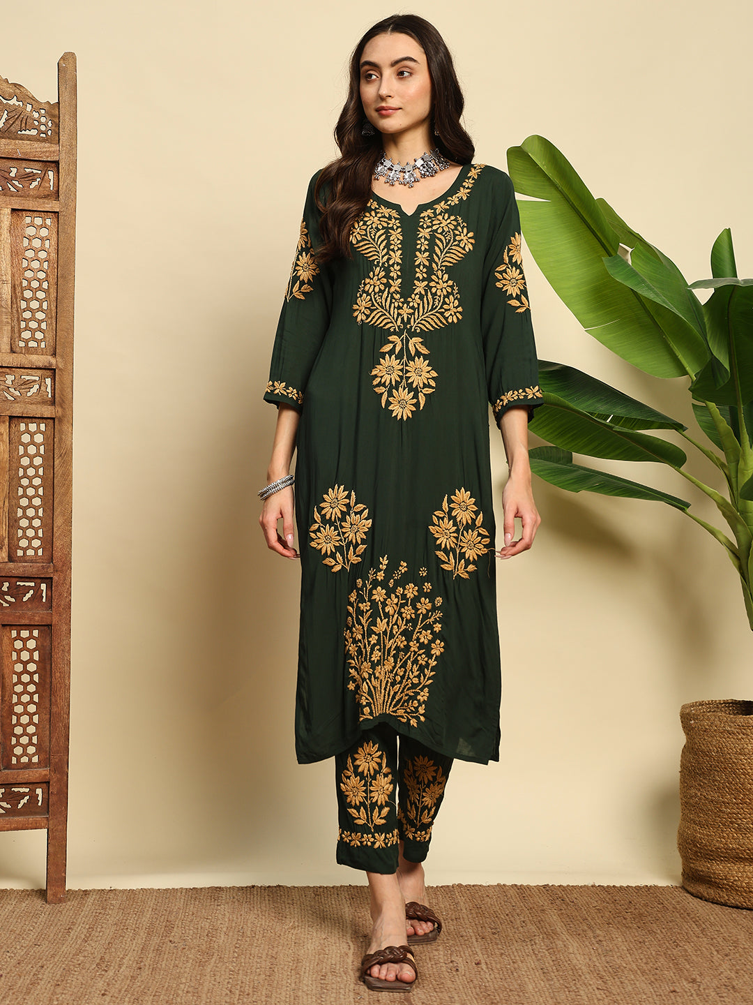 Women Bottle Green Handmade Chikankari Kurta Set with Golden Embroidery