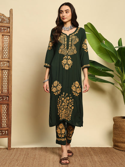 Women Bottle Green Handmade Chikankari Kurta Set with Golden Embroidery
