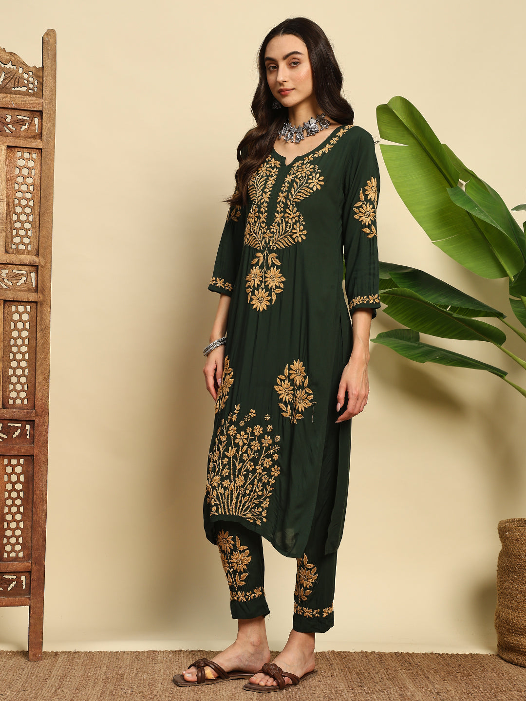Women Bottle Green Handmade Chikankari Kurta Set with Golden Embroidery
