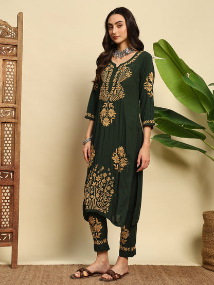 Women Bottle Green Handmade Chikankari Kurta Set with Golden Embroidery