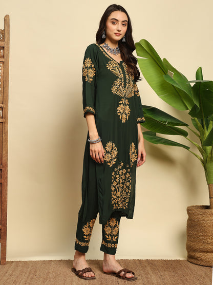 Women Bottle Green Handmade Chikankari Kurta Set with Golden Embroidery