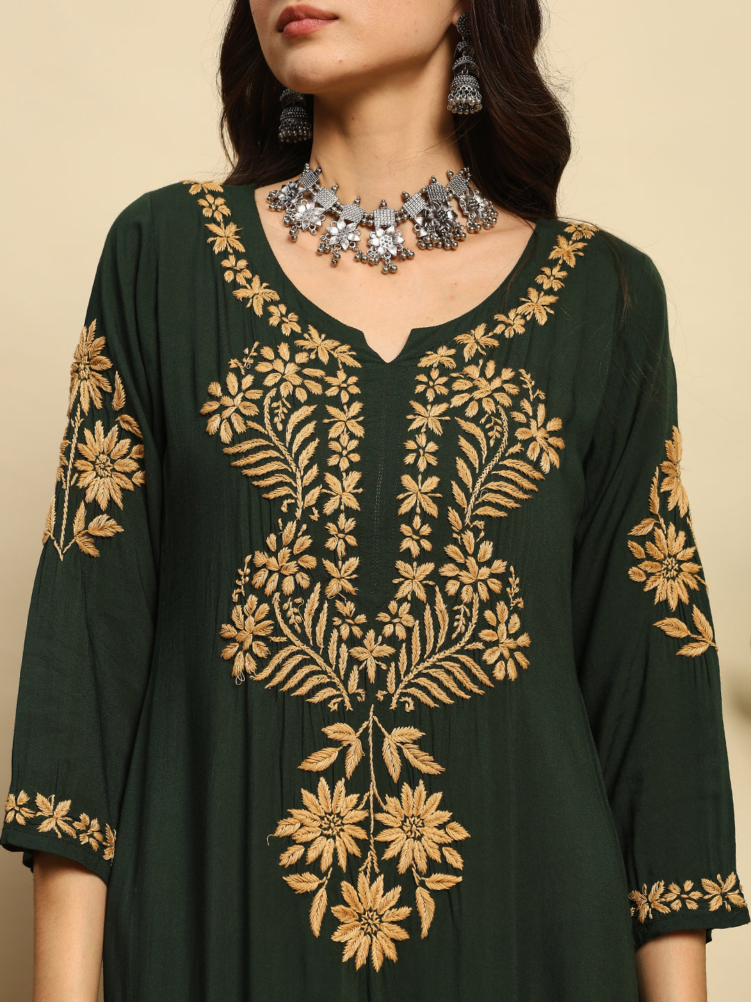 Women Bottle Green Handmade Chikankari Kurta Set with Golden Embroidery