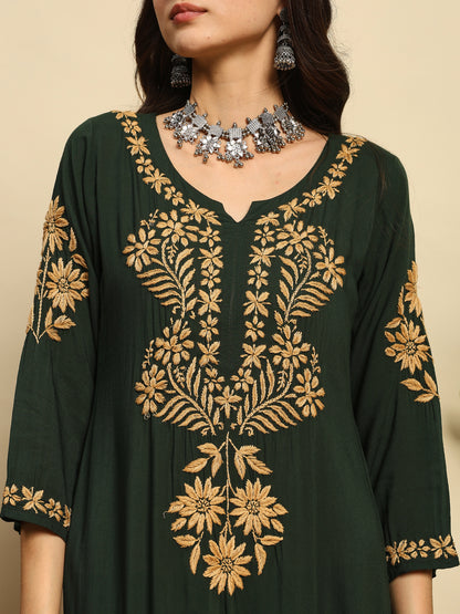 Women Bottle Green Handmade Chikankari Kurta Set with Golden Embroidery