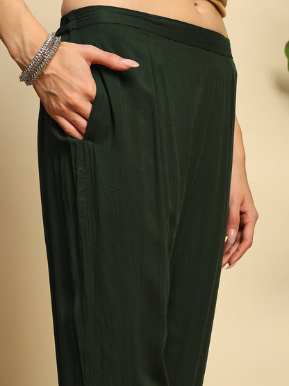 Women Bottle Green Handmade Chikankari Kurta Set with Golden Embroidery