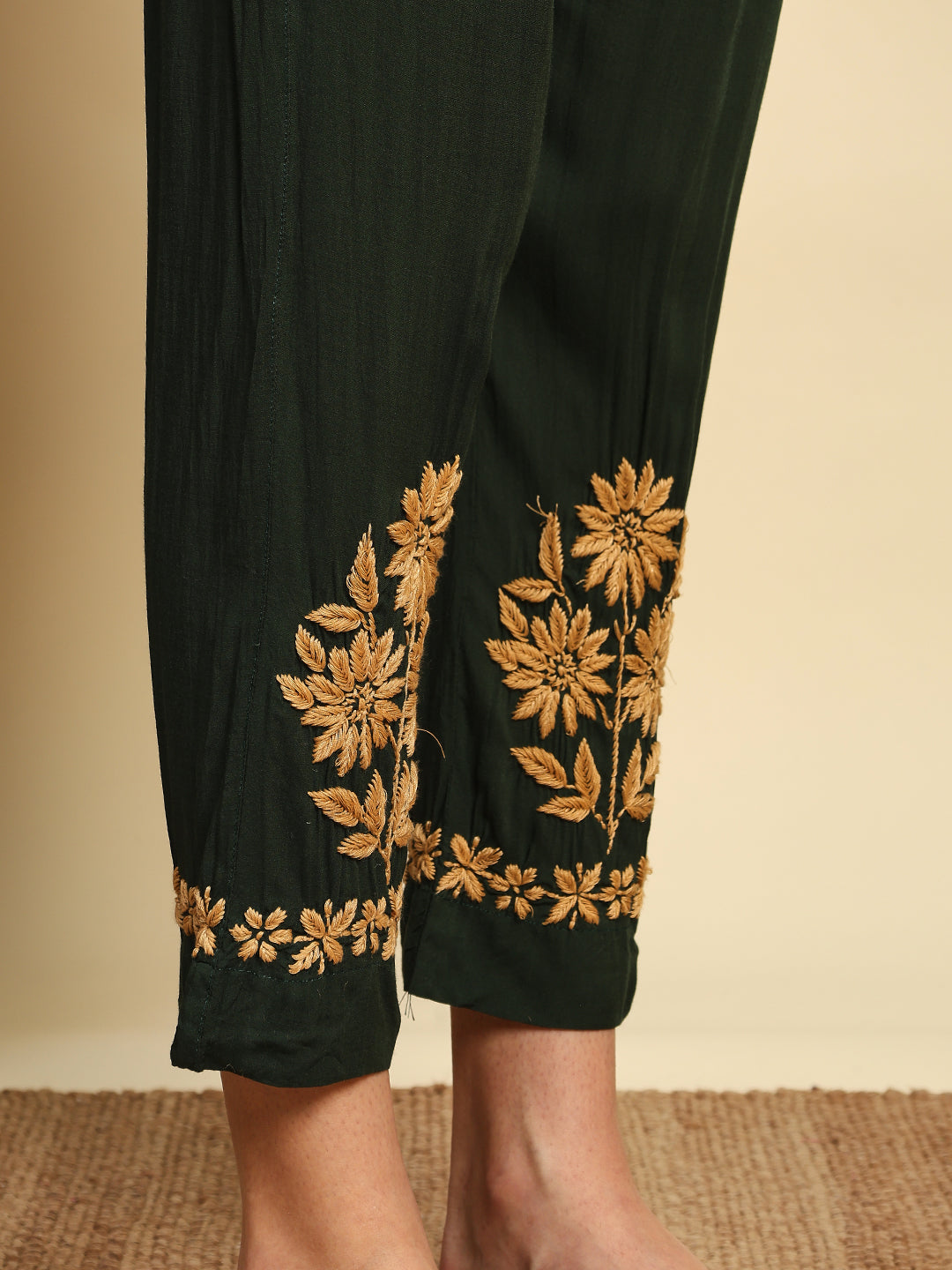 Women Bottle Green Handmade Chikankari Kurta Set with Golden Embroidery