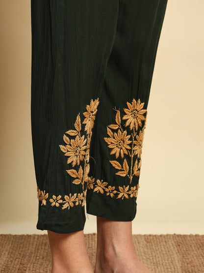 Women Bottle Green Handmade Chikankari Kurta Set with Golden Embroidery