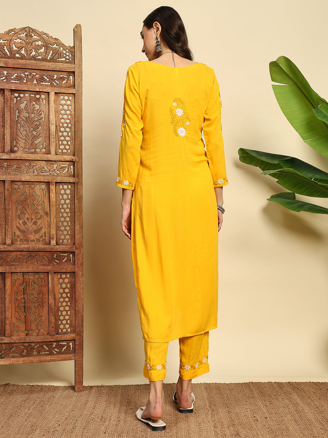 Women Mustard Yellow Handmade Chikankari Kurta Set with White Floral Embroidery