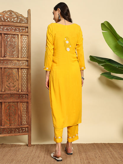 Women Mustard Yellow Handmade Chikankari Kurta Set with White Floral Embroidery