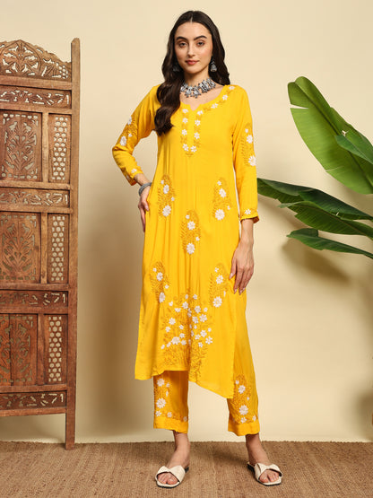 Women Mustard Yellow Handmade Chikankari Kurta Set with White Floral Embroidery