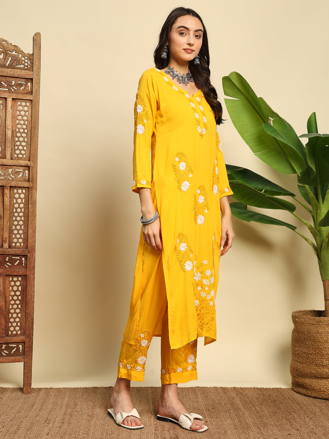 Women Mustard Yellow Handmade Chikankari Kurta Set with White Floral Embroidery
