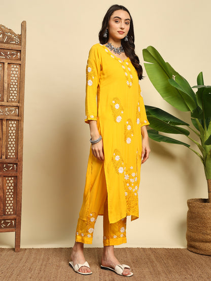 Women Mustard Yellow Handmade Chikankari Kurta Set with White Floral Embroidery