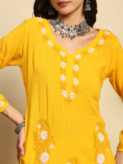 Women Mustard Yellow Handmade Chikankari Kurta Set with White Floral Embroidery