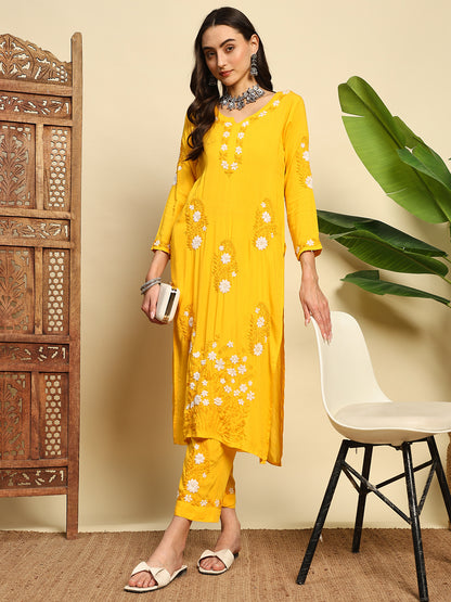 Women Mustard Yellow Handmade Chikankari Kurta Set with White Floral Embroidery