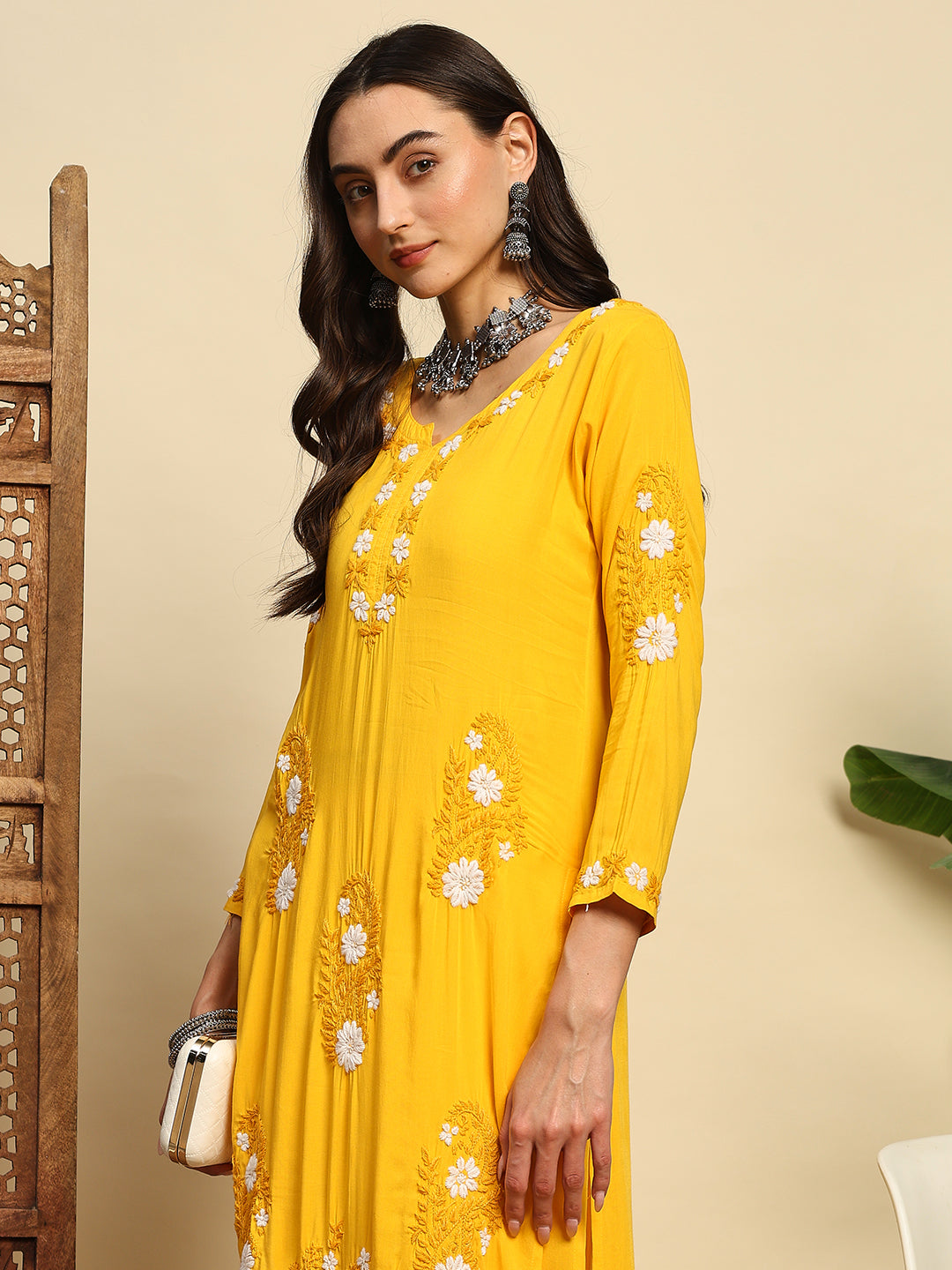 Women Mustard Yellow Handmade Chikankari Kurta Set with White Floral Embroidery