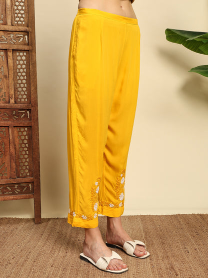 Women Mustard Yellow Handmade Chikankari Kurta Set with White Floral Embroidery