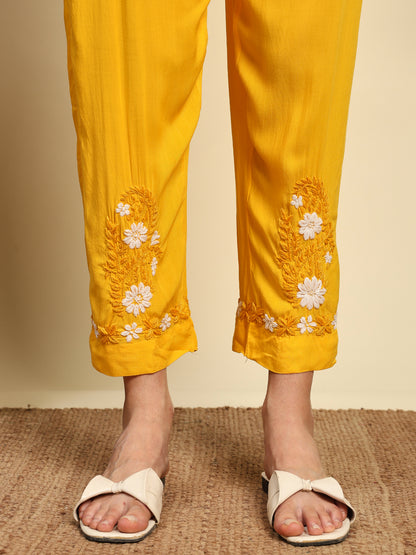Women Mustard Yellow Handmade Chikankari Kurta Set with White Floral Embroidery