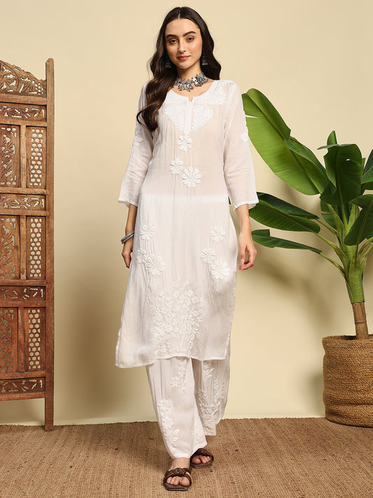 Women Ivory White Handmade Chikankari Kurta Set with Tonal Embroidery