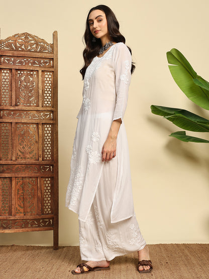 Women Ivory White Handmade Chikankari Kurta Set with Tonal Embroidery