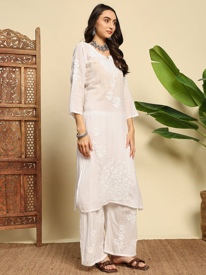 Women Ivory White Handmade Chikankari Kurta Set with Tonal Embroidery