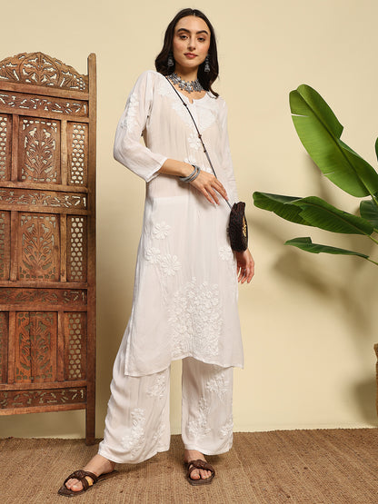Women Ivory White Handmade Chikankari Kurta Set with Tonal Embroidery