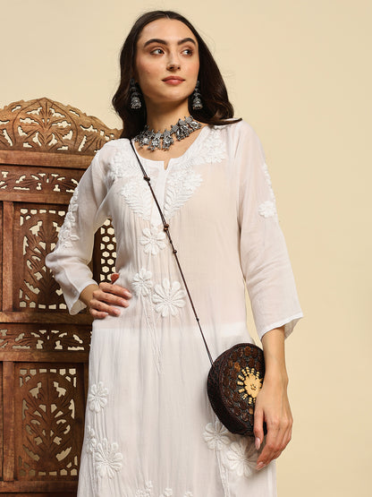 Women Ivory White Handmade Chikankari Kurta Set with Tonal Embroidery