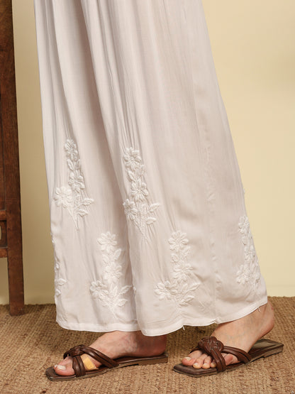 Women Ivory White Handmade Chikankari Kurta Set with Tonal Embroidery