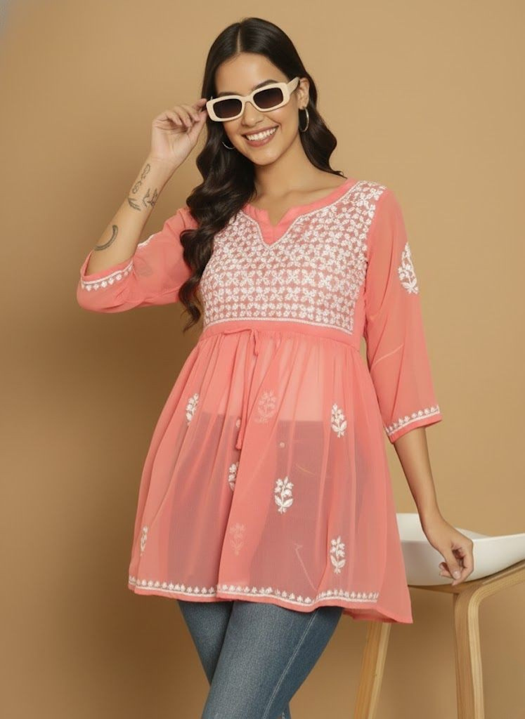 Hand Embroidered Pink Lucknowi Chikan Georgette A-line Kurti
