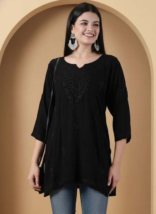 Women Black Lucknowi Chikankari Rayon Kurti