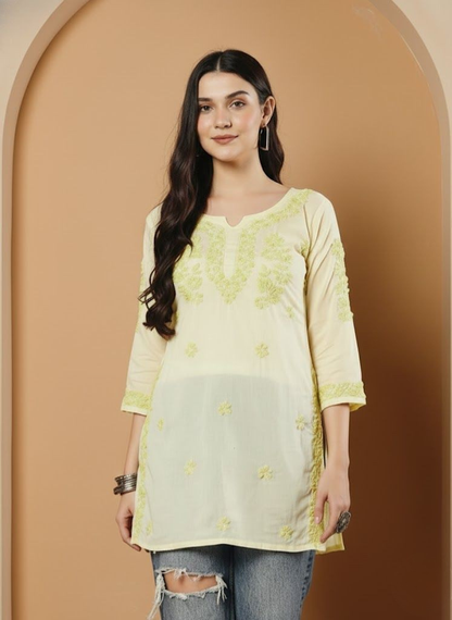 Women Yellow Lucknowi Chikankari Short Kurta Fabric - Cotton