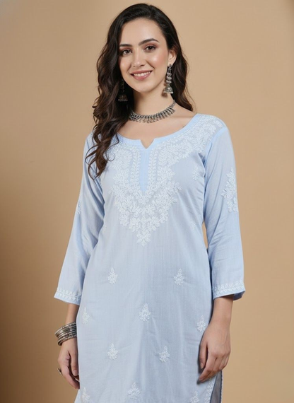 Handmade Light Blue Cotton Chikankari Short Kurti