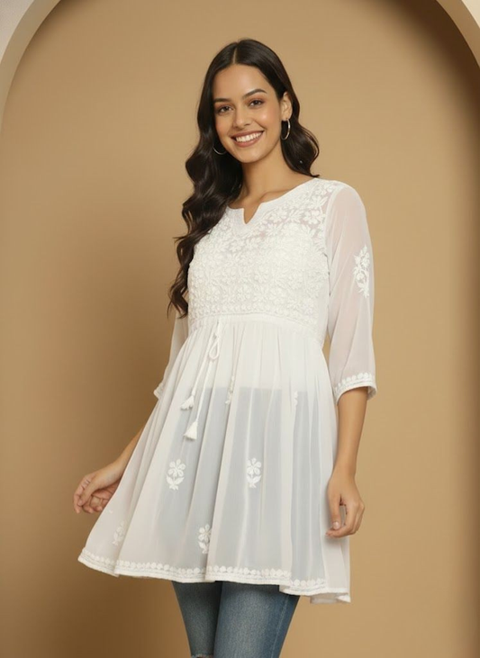 White Chikankari Georgette A-line Kurti