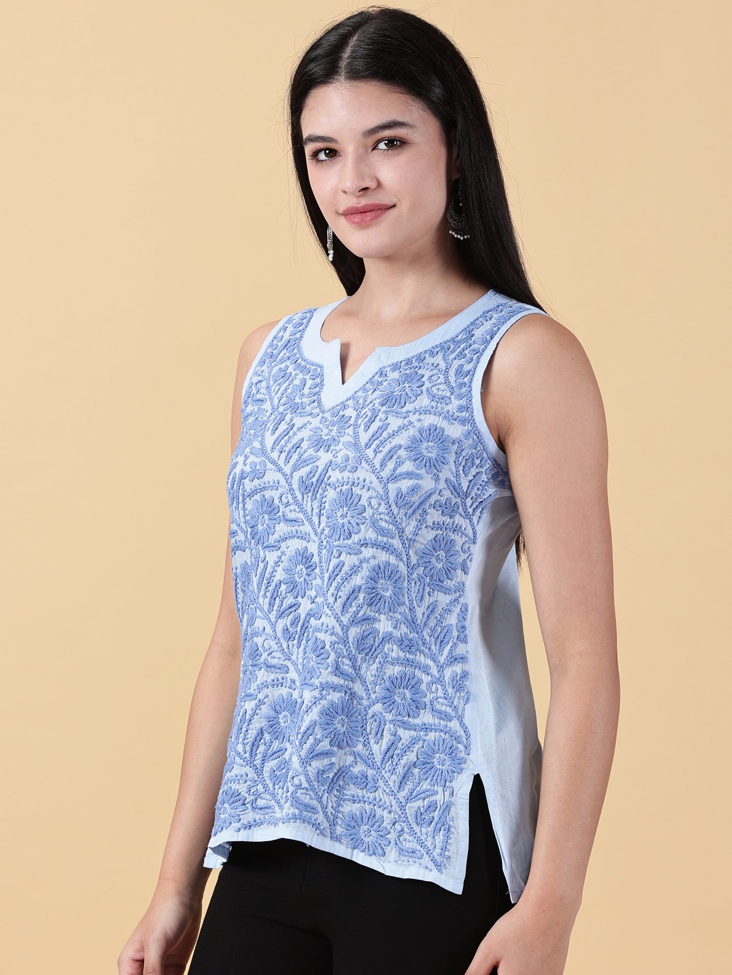 Handmade Blue Chikankari Sleeveless Top