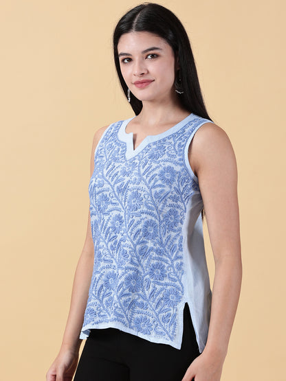 Handmade Blue Chikankari Sleeveless Top