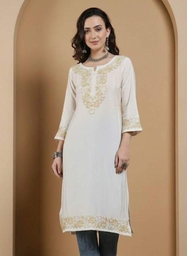 Women’s Cream Modal Tessu Hand Chikankari Long Kurta
