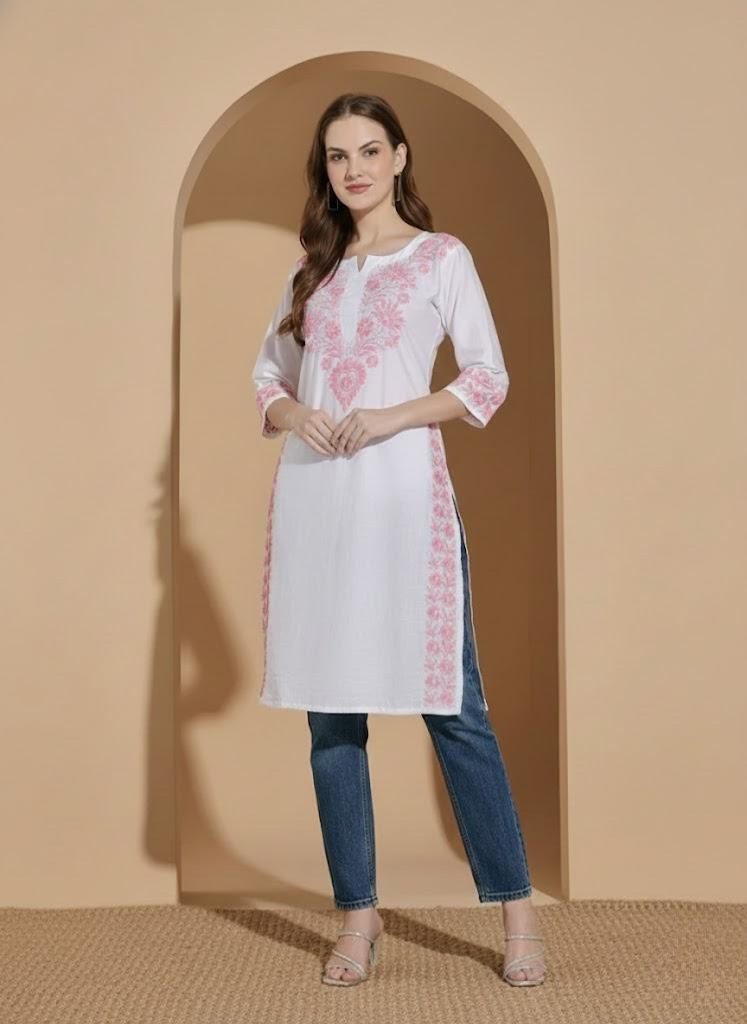 Women White Chanderi Hand Embroidered Chikankari Lucknowi Long Kurta