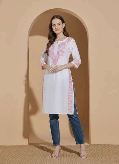Women White Chanderi Hand Embroidered Chikankari Lucknowi Long Kurta