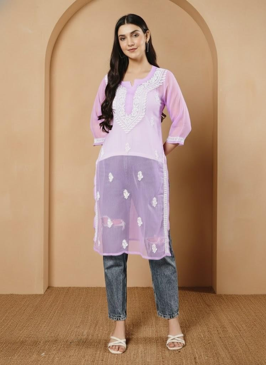 Women Purple Hand Chikankari Georgette Staight Kurta