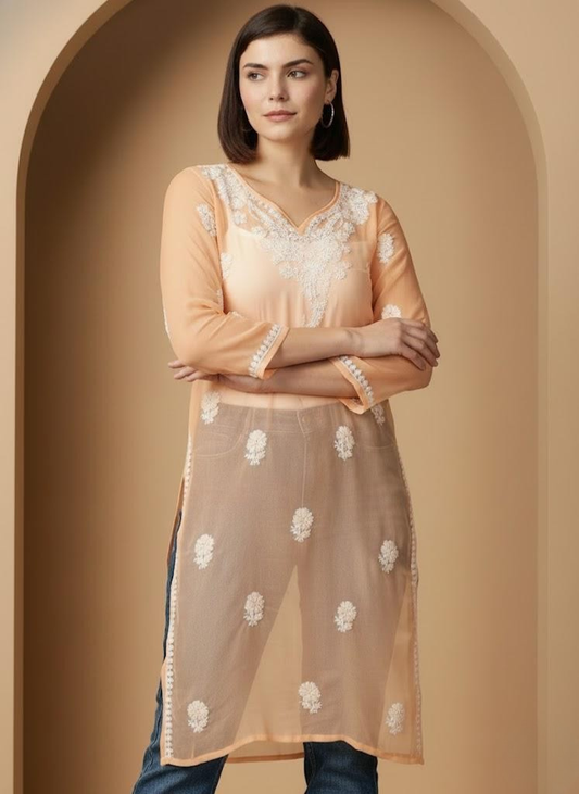 Chikankari Georgette Orange Straight Kurta