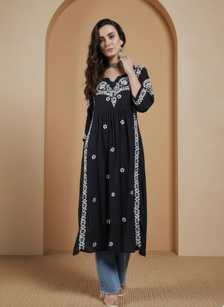 Women Black Modal  Hand Chikankari Long Kurta