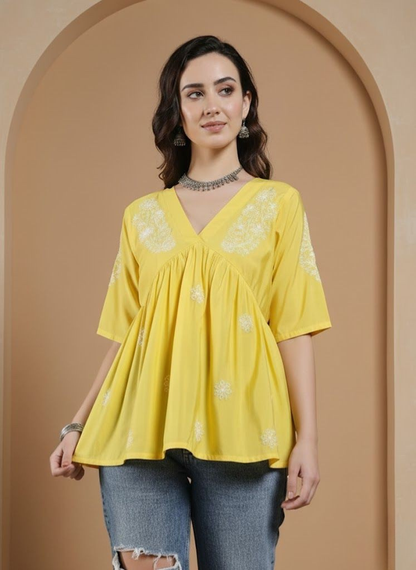 Handmade Yellow Chanderi Chikankari Top