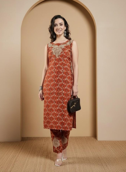 Handmade Chikankari Cotton Long Kurta Set in Rust Brown