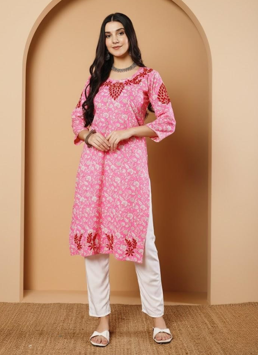 Women Pink Printed Cotton Lucknowi Chikankari Kurta Set